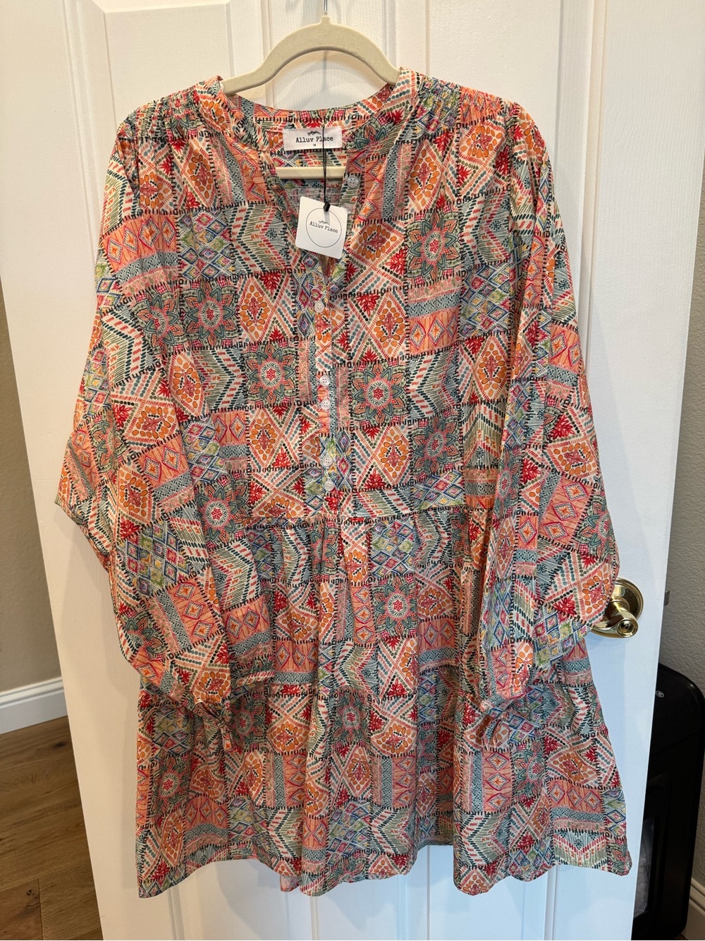 NWT  Boho Geometric Patchwork Cotton Mini Dress, M